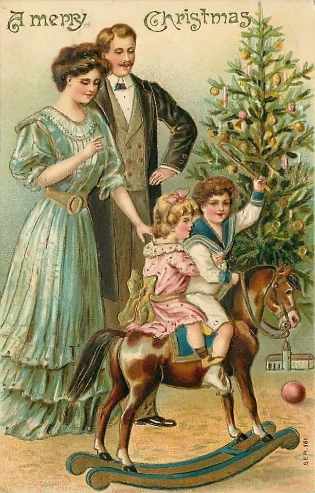 Famiglia e cavallo a dondolo