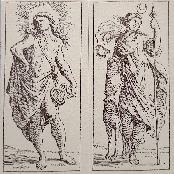 Giuseppe Maria Mitelli, Tarocchino Bolognese, 1665, Apollo e Diana. Riproduzione Edizioni del Solleone 1976, collezione privata. Foto Grazia Merelli