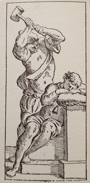 Giuseppe Maria Mitelli, Tarocchino Bolognese, 1665, Uomo che sta per colpire un giovane dormiente. Riproduzione Edizioni del Solleone 1976, collezione privata. Foto Grazia Merelli