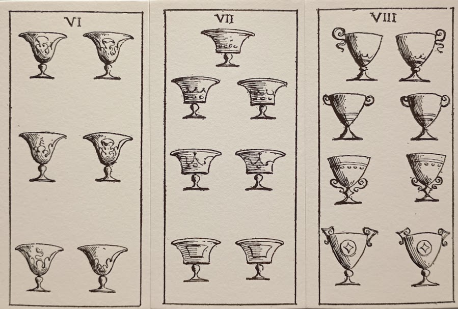 Giuseppe Maria Mitelli, Tarocchino Bolognese, 1665, VI, VII, VIII di coppe. Riproduzione Edizioni del Solleone 1976, collezione privata. Foto Grazia Merelli
