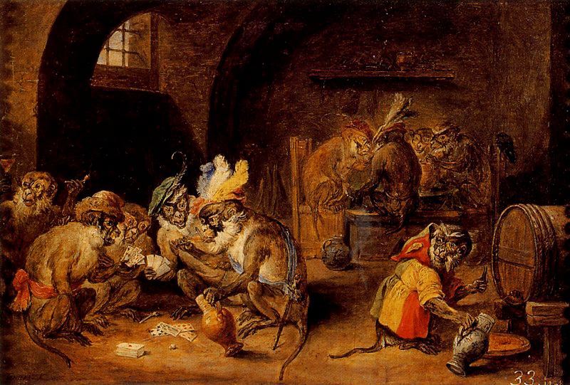 David Teniers il Giovane, Scimmie che giocano a carte. Imagine Wikimedia Commons, pubblico dominio