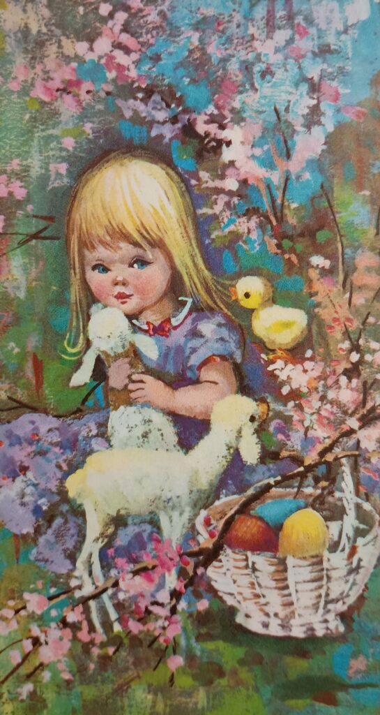 Biglietto pasquale, Bambina con agnelli e pulcino, 1978, collezione privata. Foto di Grazia Merelli