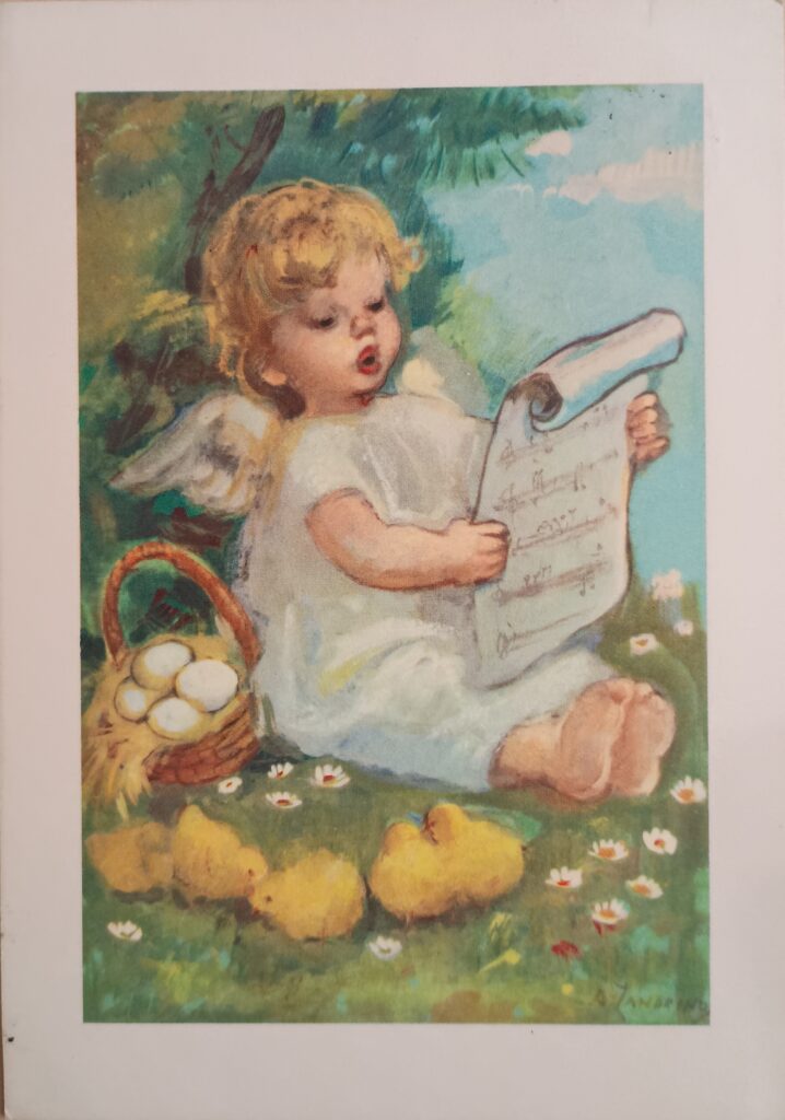 Cartolina pasquale, Angelo con spartito, cartolina viaggiata 1966, collezione privata. Foto di Grazia Merelli