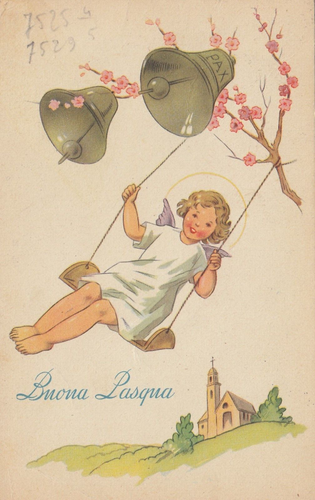 Cartolina pasquale, Angelo su altalena, cartolina viaggiata 1955, collezione privata