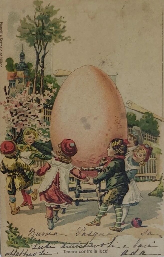 Cartolina pasquale, Girotondo di bambini con uovo, cartolina viaggiata, collezione privata