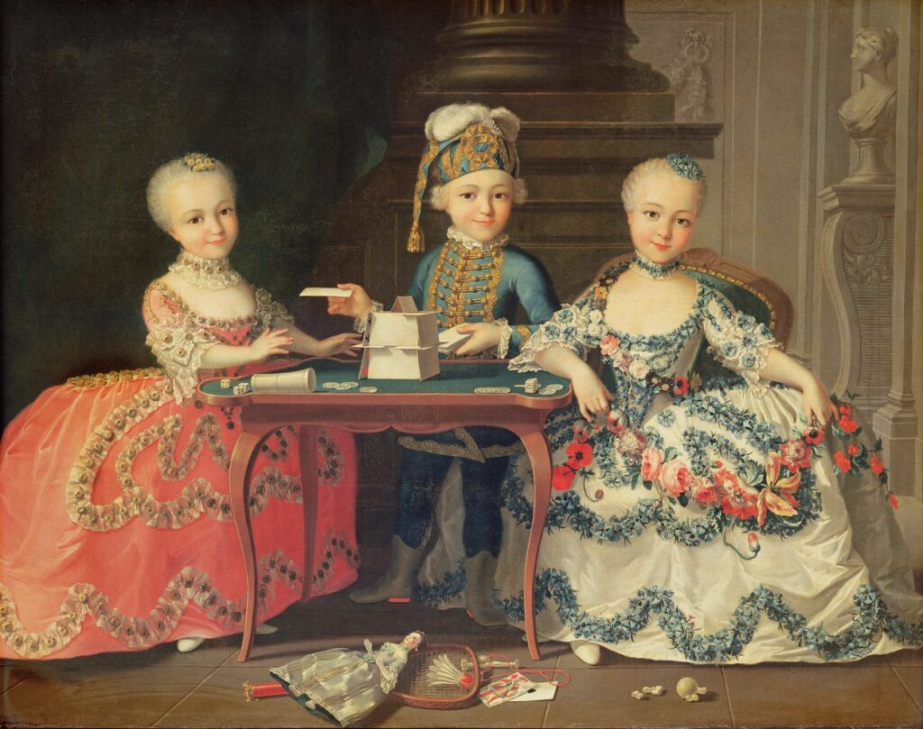 Francois-Hubert Drouais, Ritratto di gruppo di un bambino e due bambine che costruiscono un castello di carte, con altri giochi sul tavolo, collezione privata