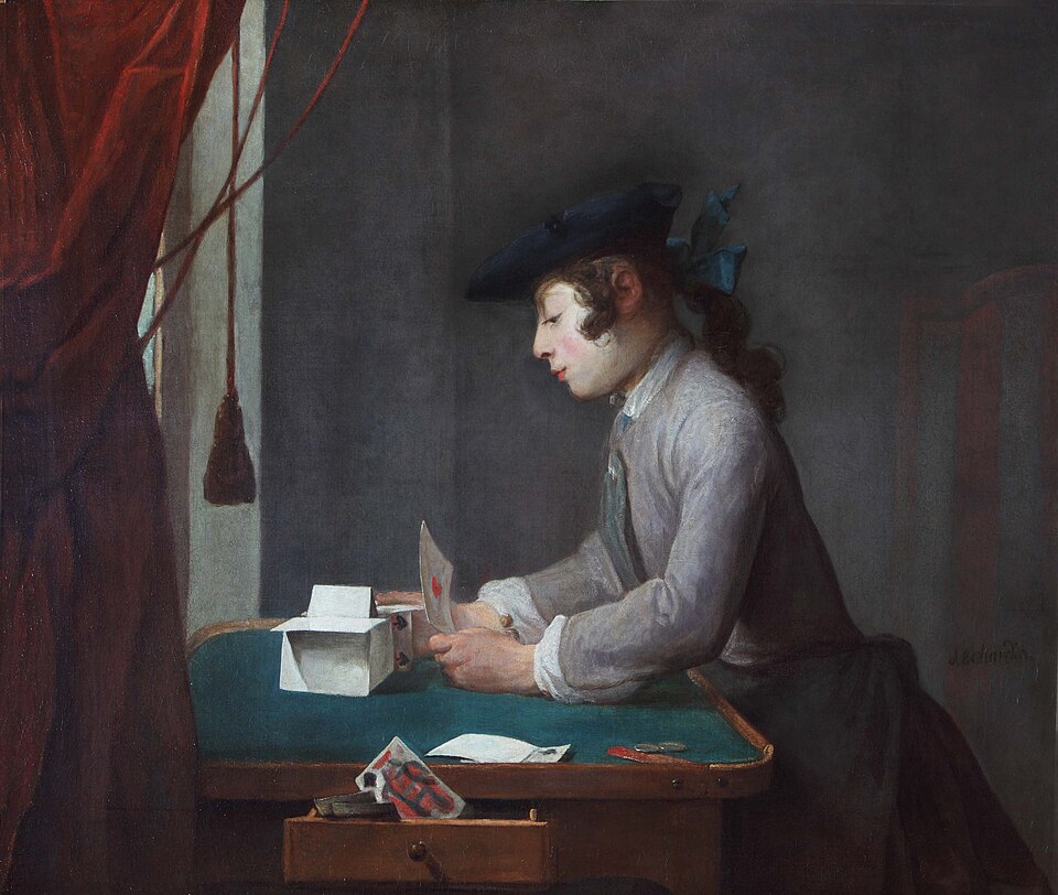 Jean-Baptiste-Siméon Chardin, Ragazzo che costruisce un castello di carte, 1735, Waddesdon Manor, Inghilterra. Immagine -wikimedia Commons, pubblico cominio